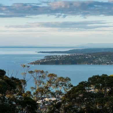 Port Phillip Bay and the bay-side towns seen from the ridge above Dromana